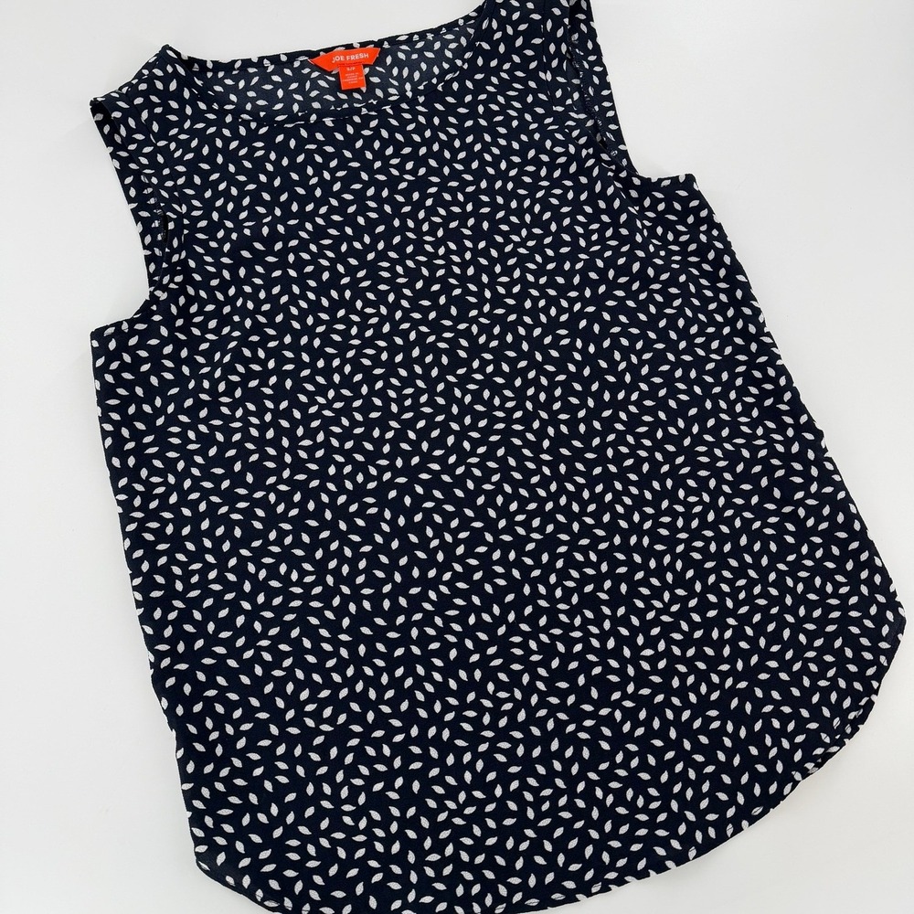 Joe Fresh Blouse Sleeveless Leaf Print Modern Women Size‎ Small Navy Blue White